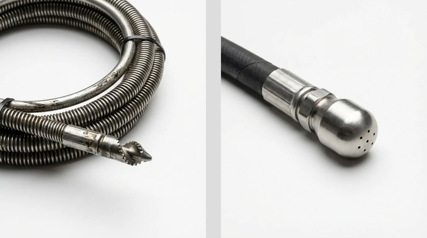 Drain snake cable and hydro jetting nozzle used for drain cleaning in Farmingdale, NJ