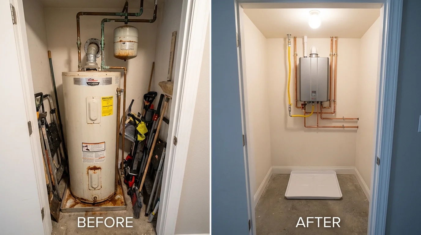 Tank water heater versus wall-mounted tankless unit comparison for Farmingdale, NJ homeowners