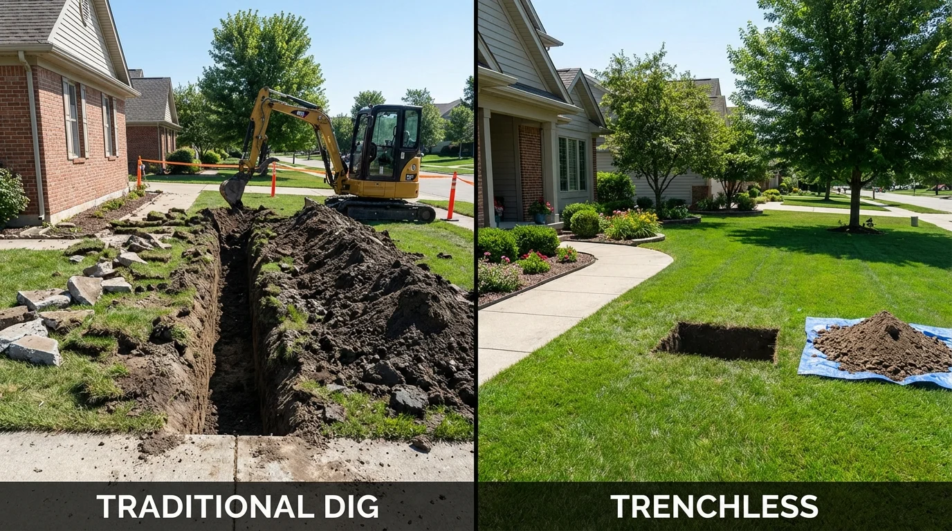 Trenchless sewer repair with minimal yard damage versus traditional excavation in Farmingdale, NJ