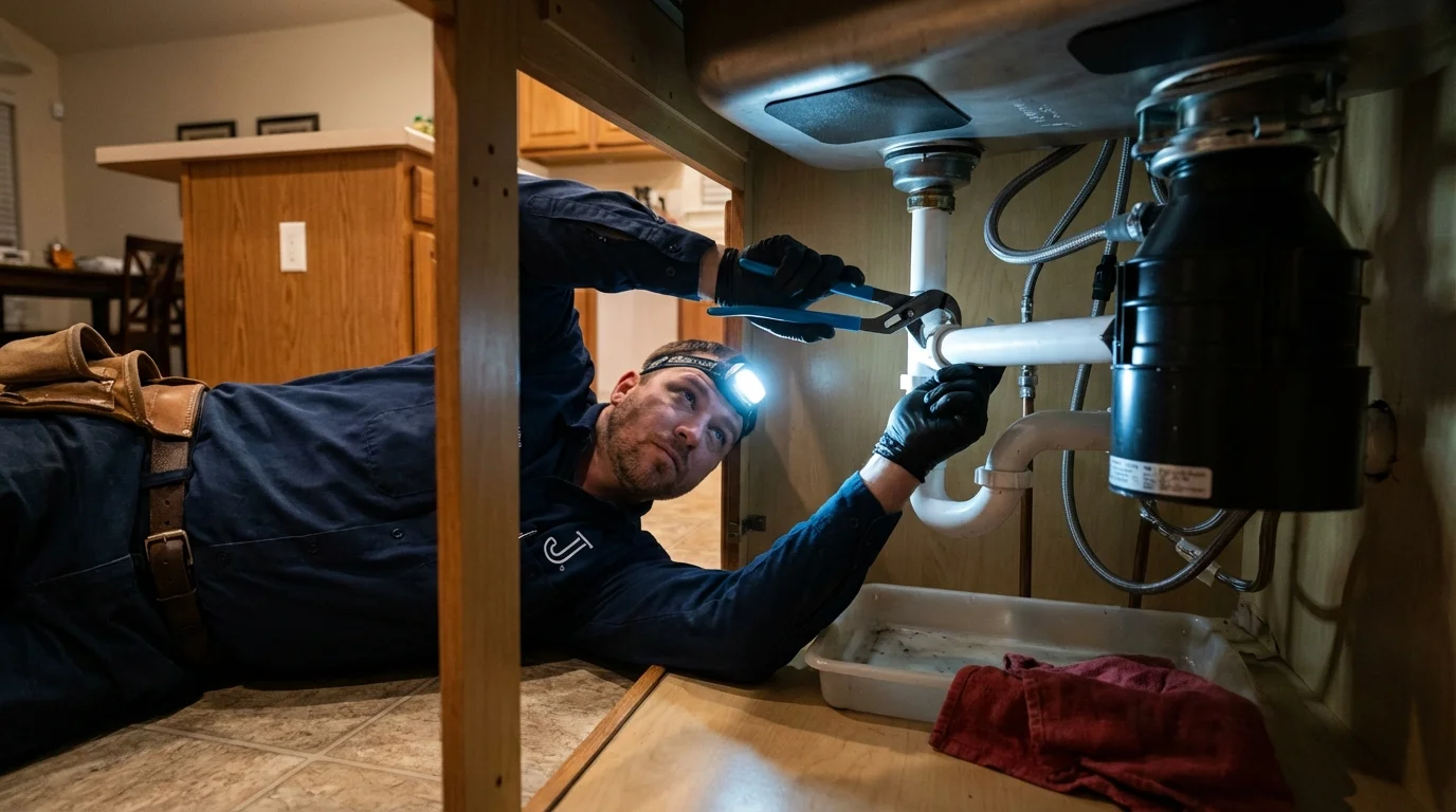 P-trap and supply line connections under a kitchen sink showing a common leak point in Farmingdale, NJ